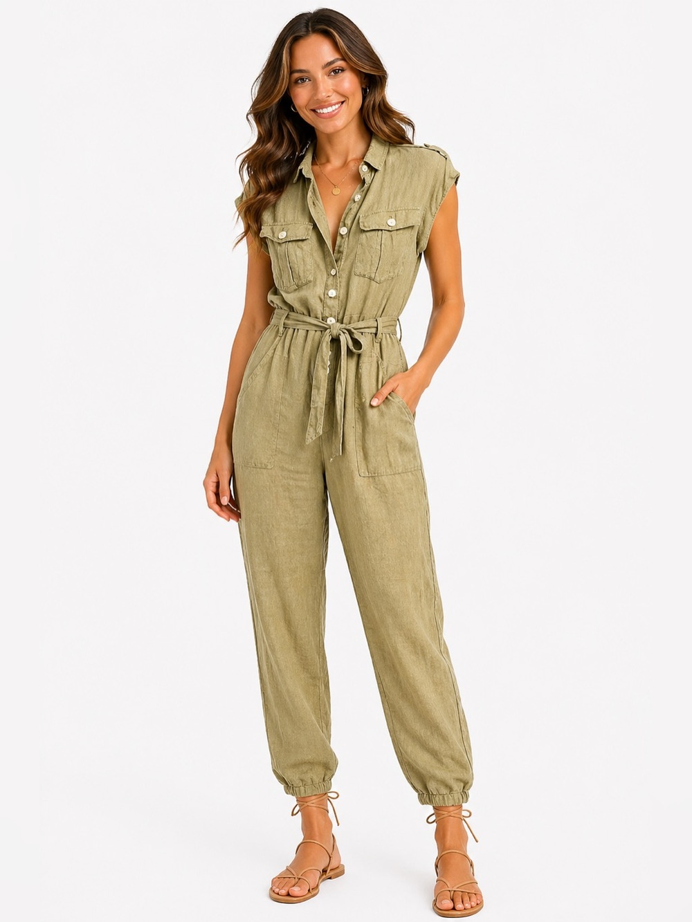 Zara Linen Olive Green Jumpsuit Size Small‎